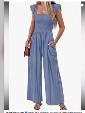Japna Blue Smocked Bodice Ruffle Cap Sleeve Wide Leg Jumpsuit
